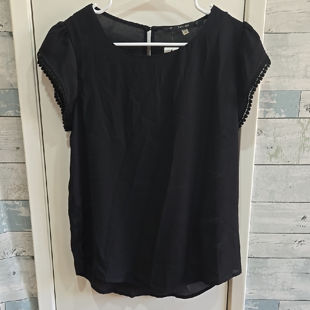 Fun 2 Fun Black Blouse with Cap Sleeves and Relaxed Fit